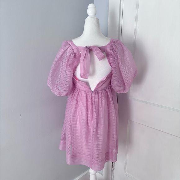 BHLDN x Free People Alaine Dress Mini Puff Sleeve Bow Back Square Neck Pink - Picture 5 of 7